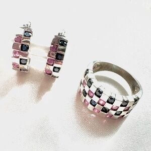 Elegant 925 Silver, Blue & Pink Checkered Jewelry Set